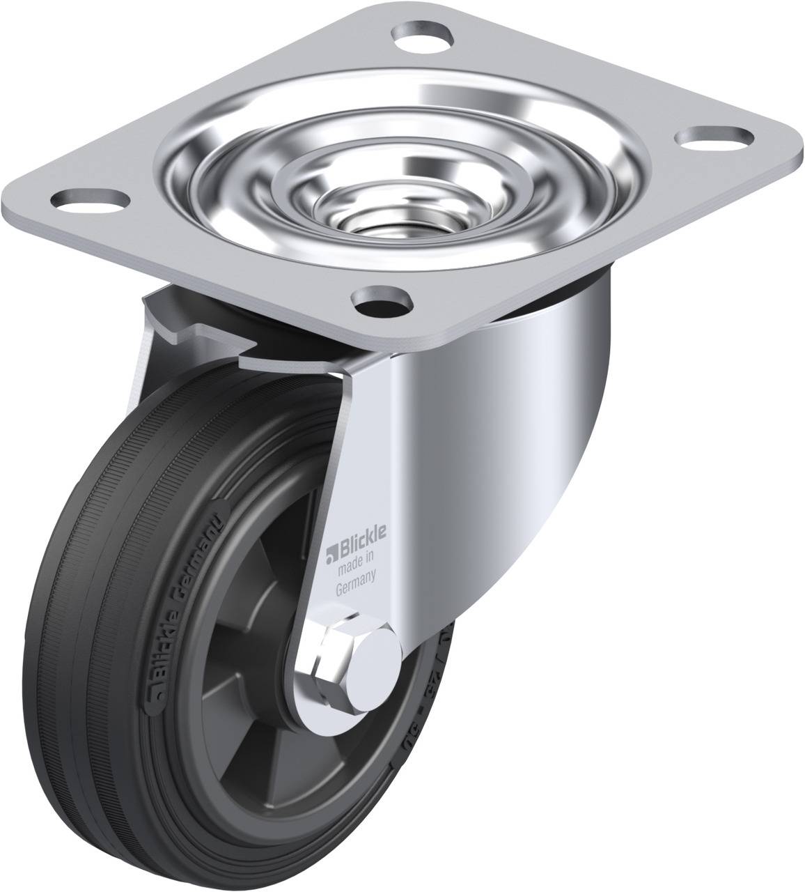 Ein schwenkbares Laufrollenrad aus Metall mit schwarzem Gummirad, montiert an einer quadratischen Metallplatte mit vier Löchern.