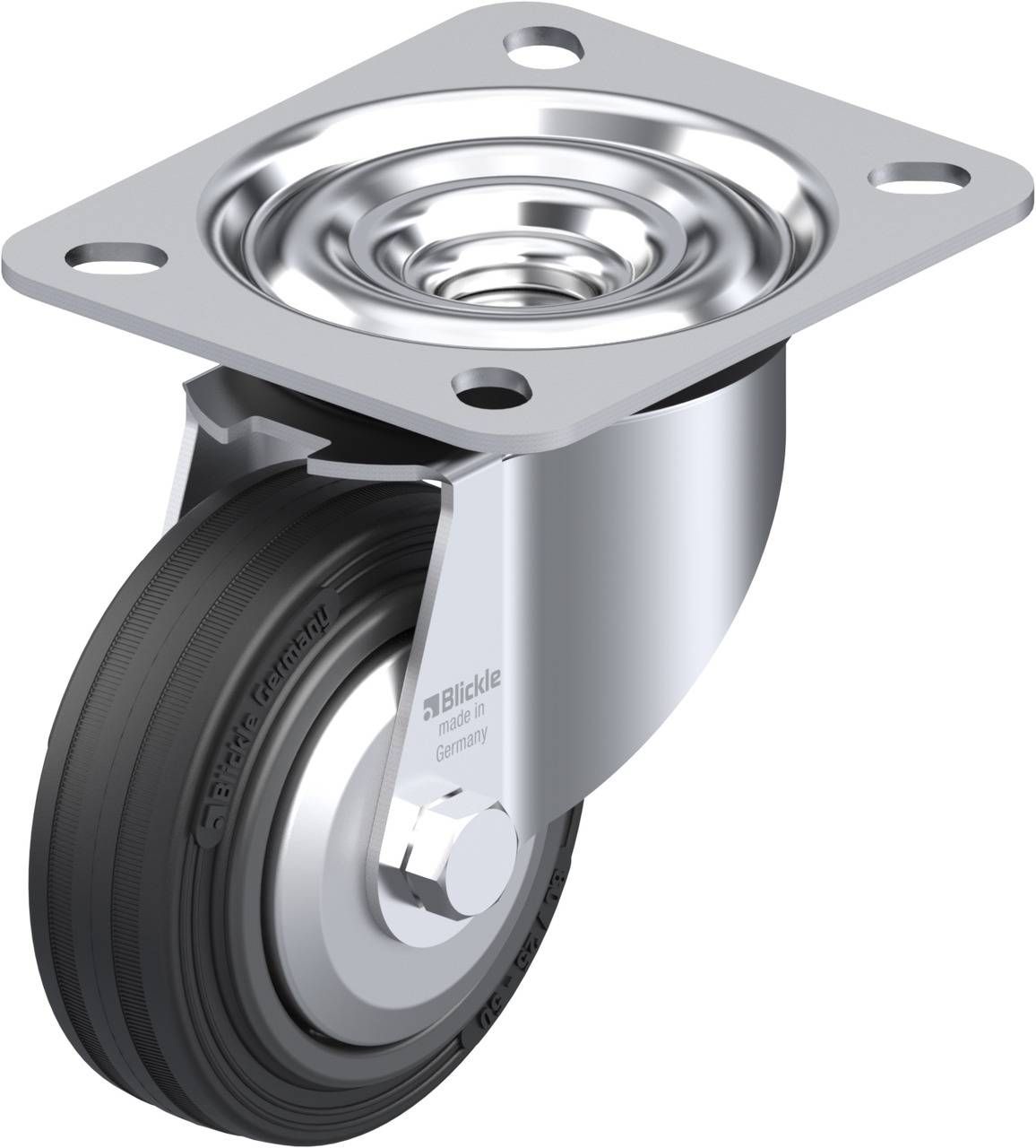 Eine einzelne Laufrolle mit schwarzem Rad und silbernem Metallgehäuse, geeignet für industrielle Anwendungen.