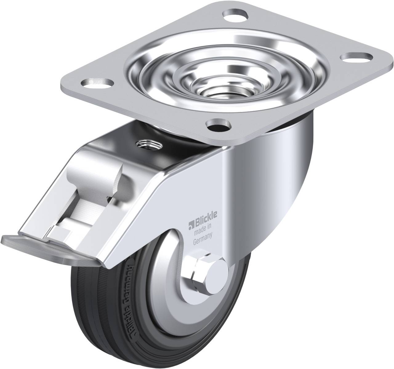 Ein drehbares Metall-Lenkrolle mit feststellbarer Bremse, geeignet für Industriemöbel und Transportgeräte.