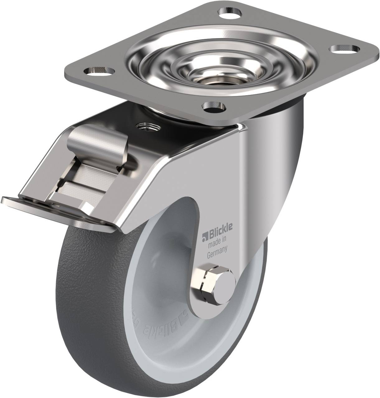 Lenkrolle aus Metall mit grauem Rad und eingebauter Bremse, verwendet für Möbel oder Geräte.