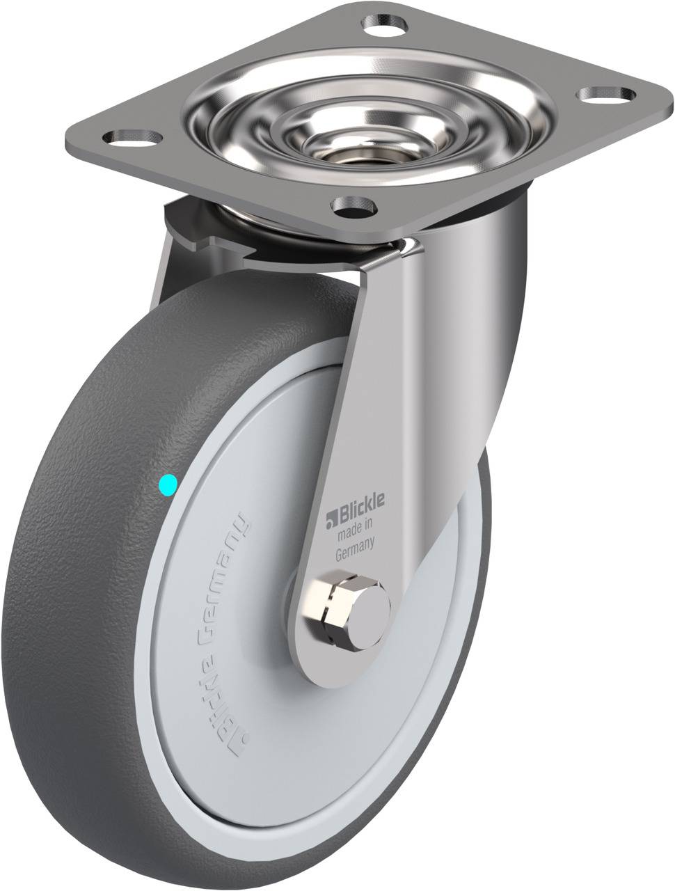 Grau-schwarzes Lenkrolle-Rad mit Metallbefestigung und Lagerung oben, geeignet für belastbare Anwendungen.