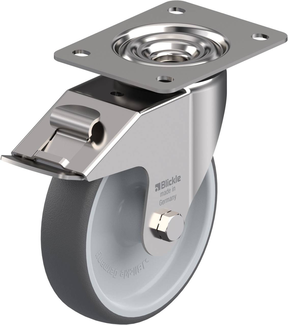 Metall-Schwenkrolle mit grauem Rad und Metallplatte zur Befestigung. Geeignet für Möbel und Geräte, die Bewegung erfordern.