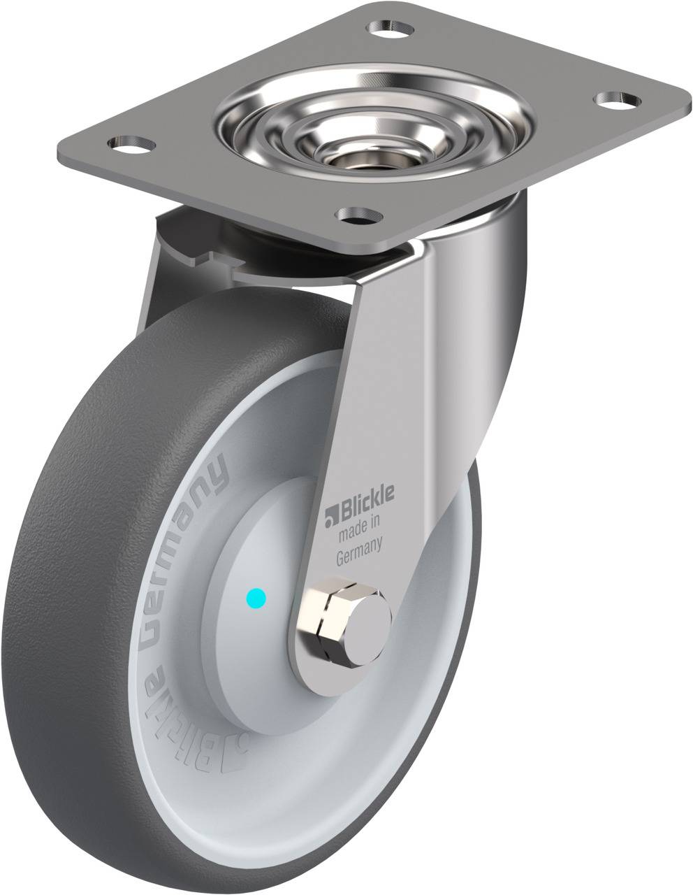 Metallrad mit grauer Gummibeschichtung und rechteckiger Montageplatte, geeignet für Anwendungen mit leichter bis mittlerer Belastung.