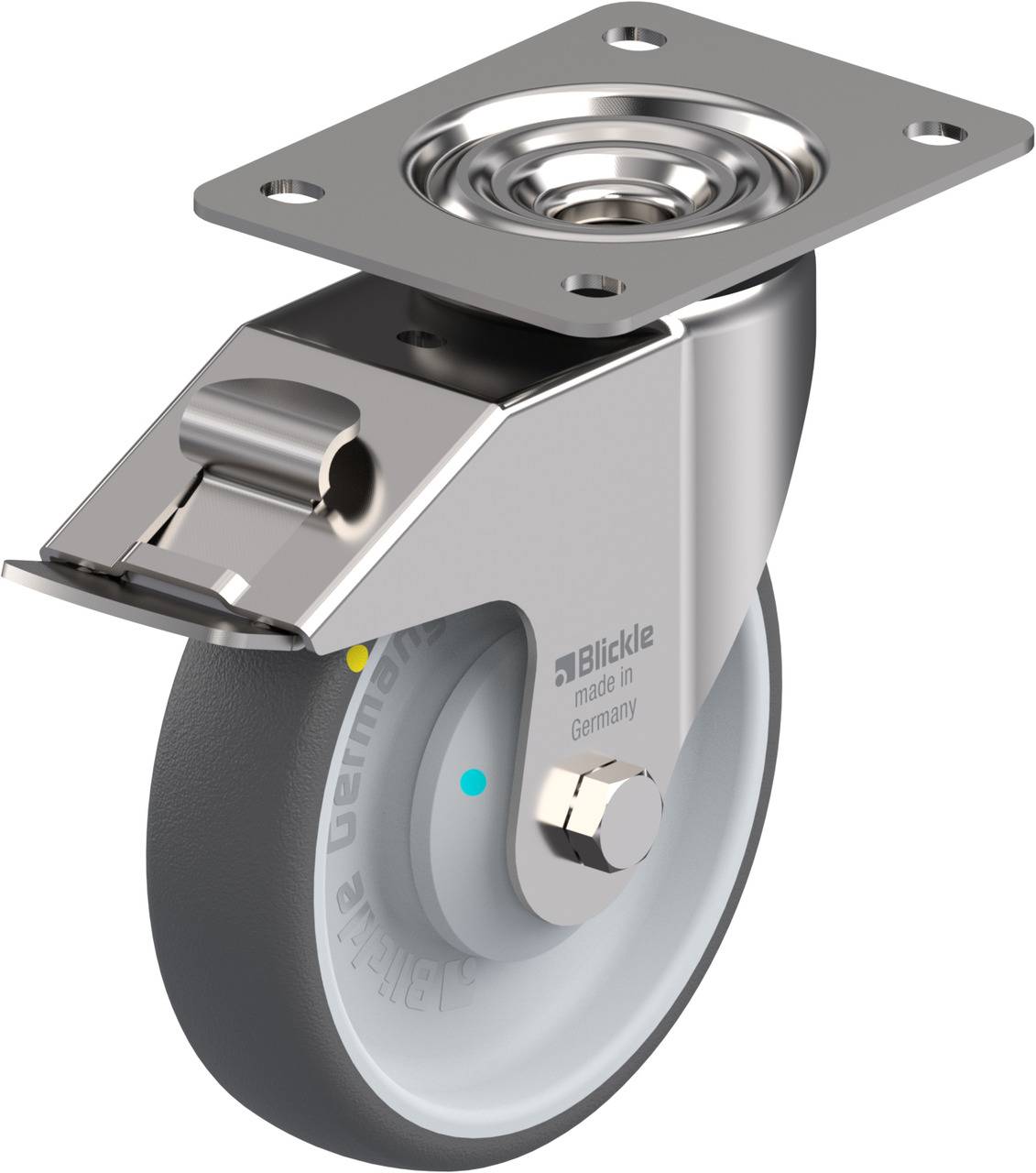 Ein silbernes Schwenkrolle aus Metall mit grauem Rad, geeignet für Möbel oder Industrieanlagen. Enthält Befestigungsplatte oben.