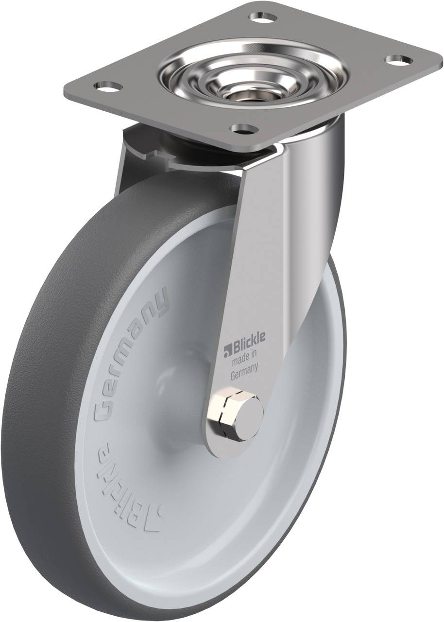 Graue Transportrolle mit Metallhalterung, geeignet für schwere Lasten. Firmenlogo und 'Germany' auf der Seite der Rolle.