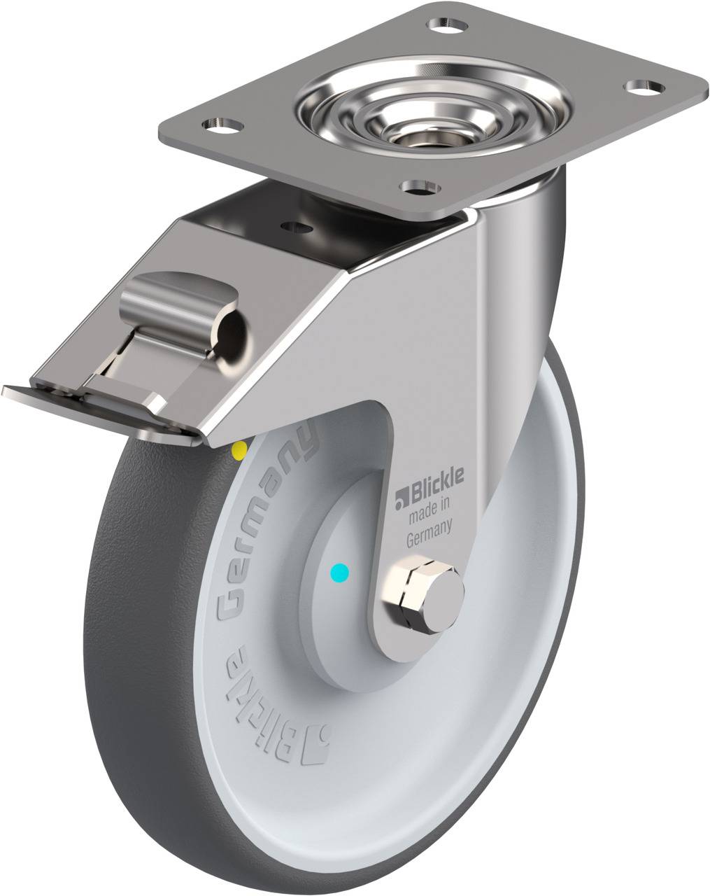 Rollenrad aus Metall und Kunststoff mit integriertem Rollenhalter und Halterung, made in Germany, designed für einfache Befestigung.