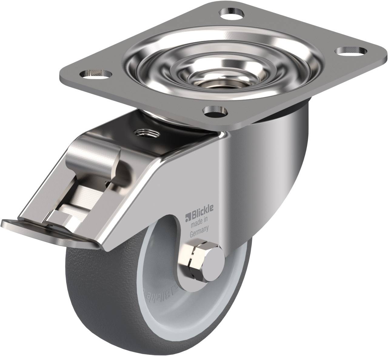 Graue Radrolle aus Metall und Kunststoff mit Befestigungsplatte und integriertem Bremssystem, hergestellt von Blickle.