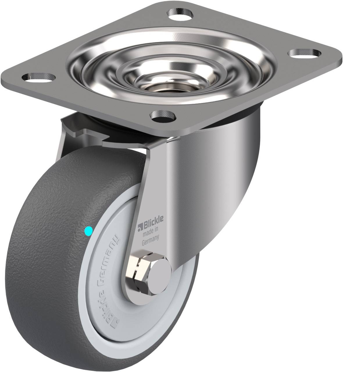 Industrie-Rollenrad mit grauem, robustem Rad und Metallgehäuse. Geeignet für verschiedene Transportanwendungen.