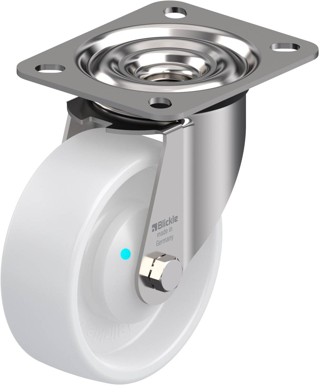 Industrie-Lenkrolle aus Metall mit weißem Rad, geeignet für Maschinen oder Möbel. Markierung zeigt den Hersteller 'Blickle'.