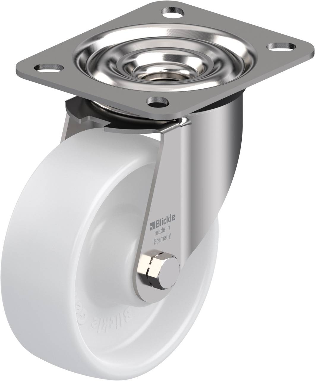 Schwenkrolle aus Metall mit weißem Kunststoffrad, geeignet für industrielle Anwendungen. Montiert auf einer rechteckigen Metallplatte.