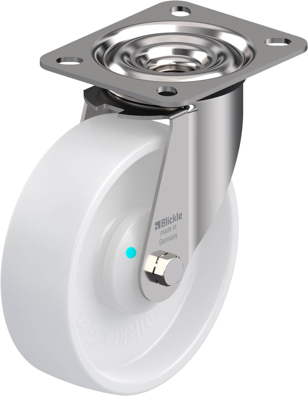 Schwenkrolle mit weißem Rad und Stahlhalterung, geeignet für Möbel oder industrielle Anwendungen. Markierung 'Blickle' auf Halterung.