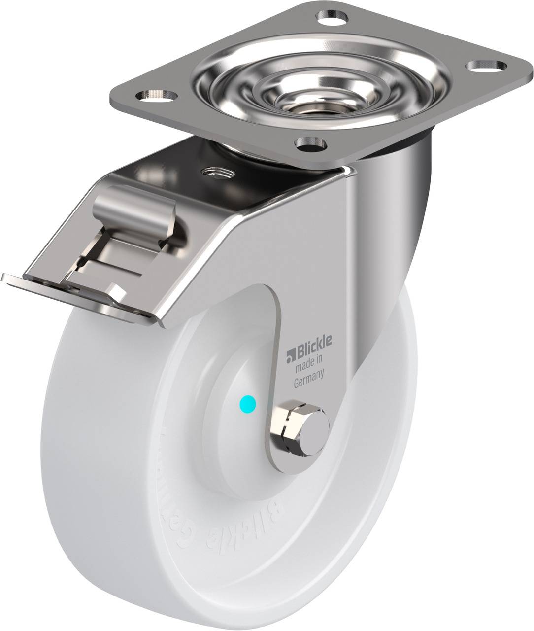 Metallenes, drehbares Lenkrollen-Rad mit weißem Kunststoffrad und Montageplatte. Gedruckte Aufschrift: 'Blickle, made in Germany'.
