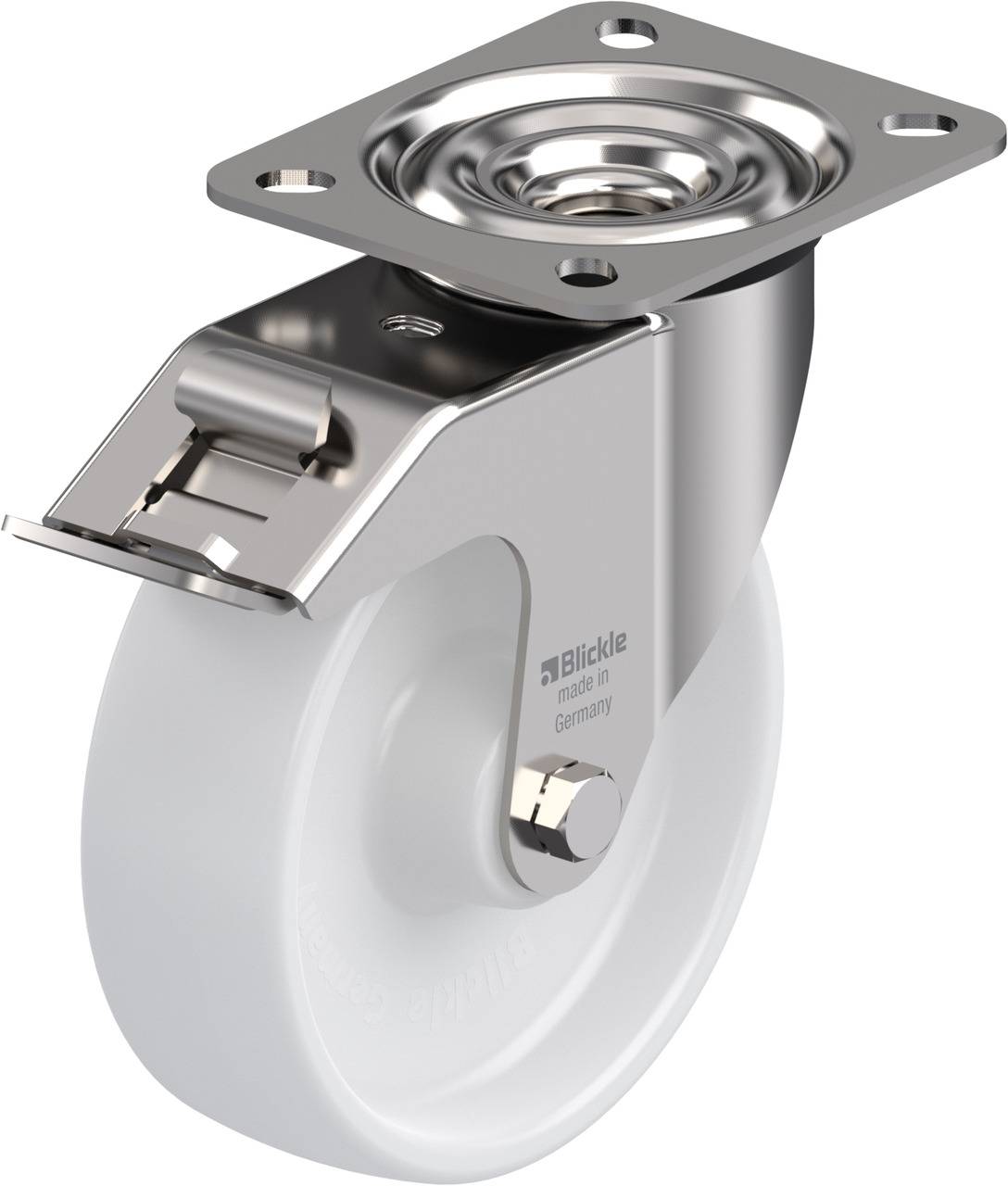 Metallisches Schwerlastrad mit weißem Rad und rechteckiger Montageplatte, geeignet für industrielle Anwendungen.