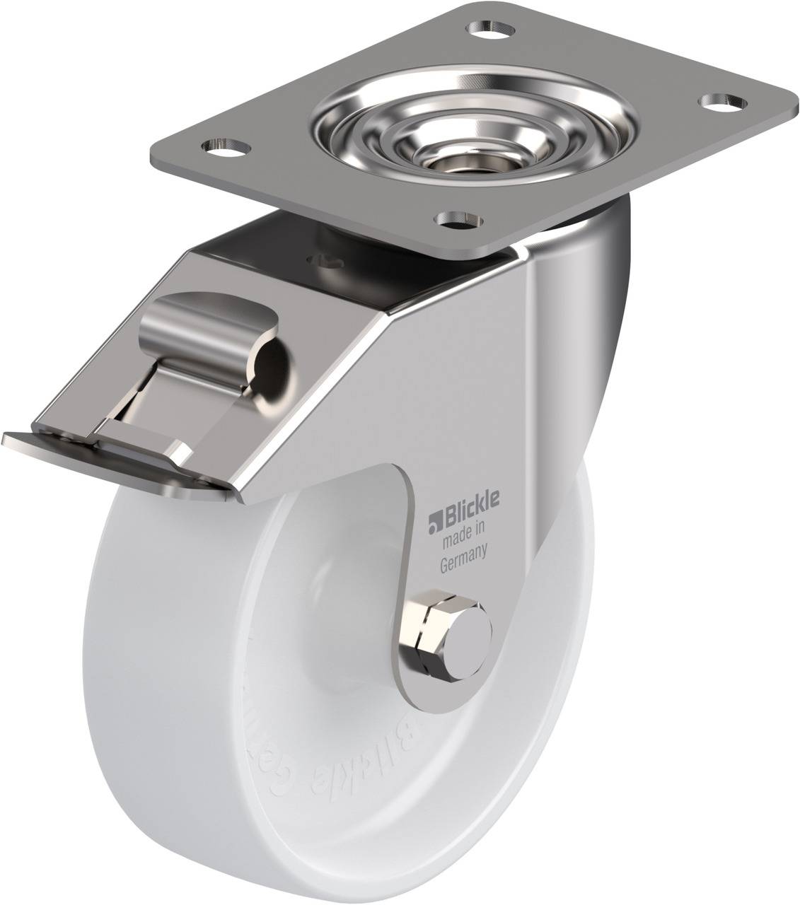 Schwenkrolle aus Metall mit weißem Rad und Befestigungsplatte, geeignet für den Einsatz in Transport- oder Industriemöbeln.