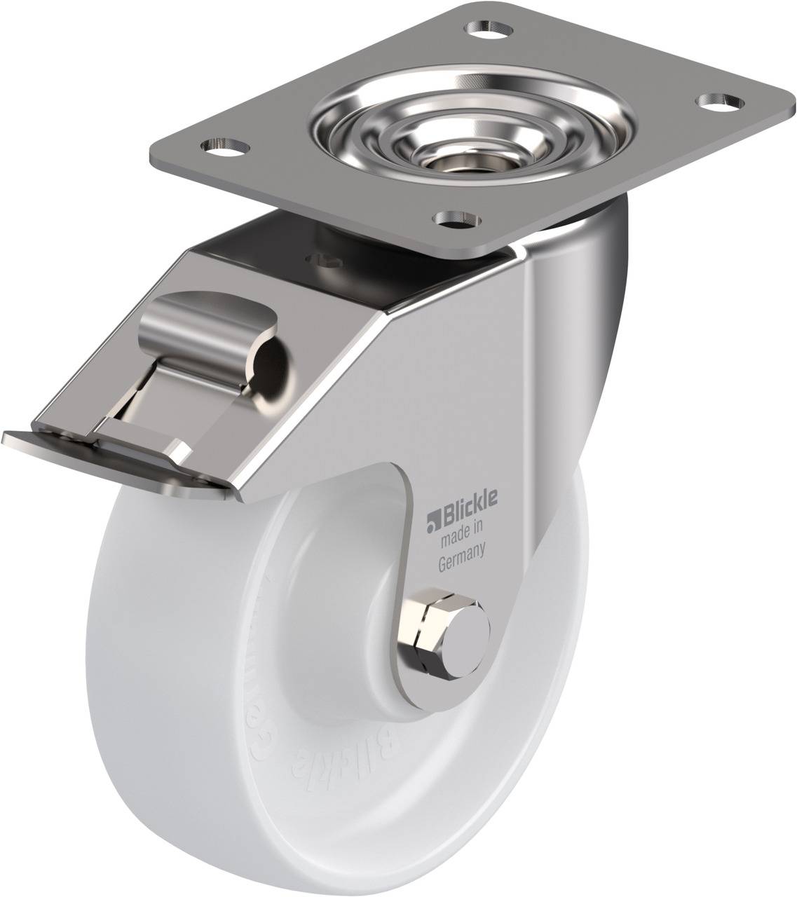 Ein lenkbares Rollenrad aus Metall und Kunststoff, hergestellt in Deutschland, geeignet für Möbel oder Transportgeräte.