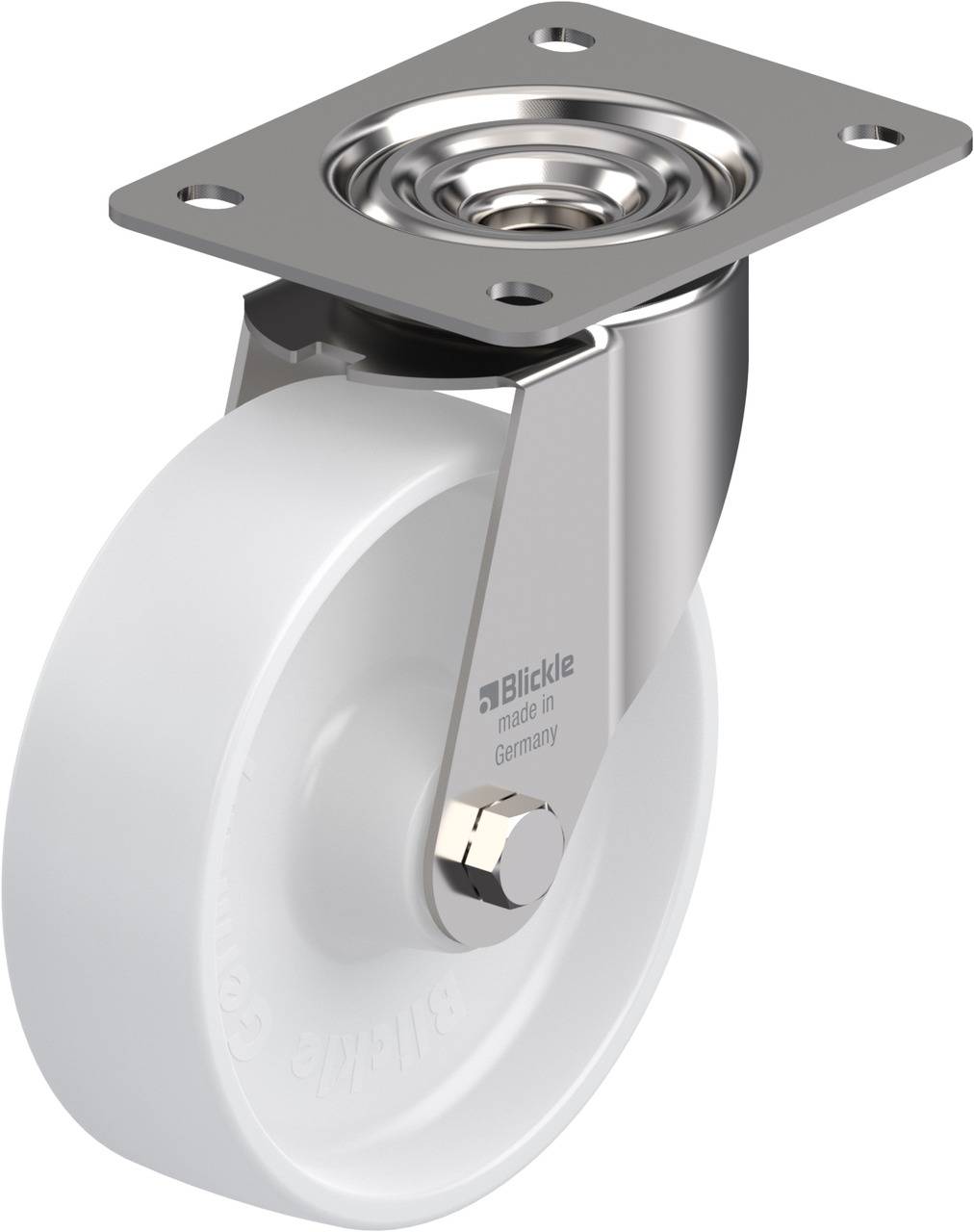 Weiße Rolle mit Metallhalterung, geeignet für Möbel oder Geräte. Rollt in alle Richtungen, robust und langlebig für vielseitigen Einsatz.