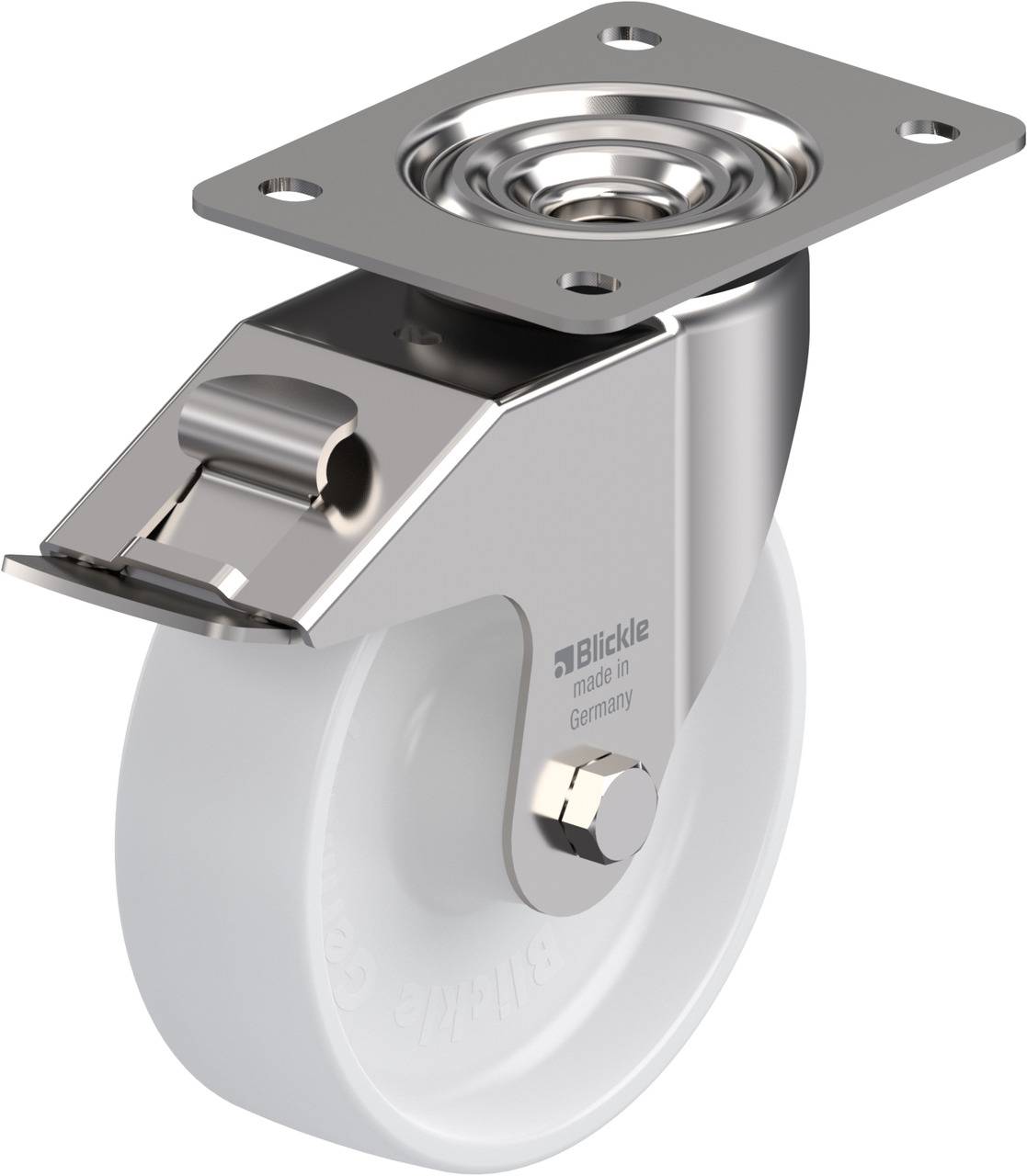 Rollrolle mit Metallgehäuse und weißem Rad für industrielle Anwendungen. Markiert mit 'Blickle made in Germany' auf der Radseite.