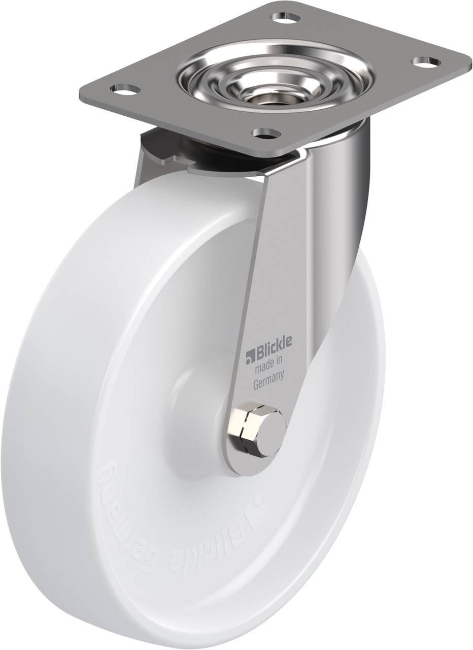 Industrie-Rolle aus Metall mit weißem Rad und einer Halterung zur Befestigung, hergestellt in Deutschland.