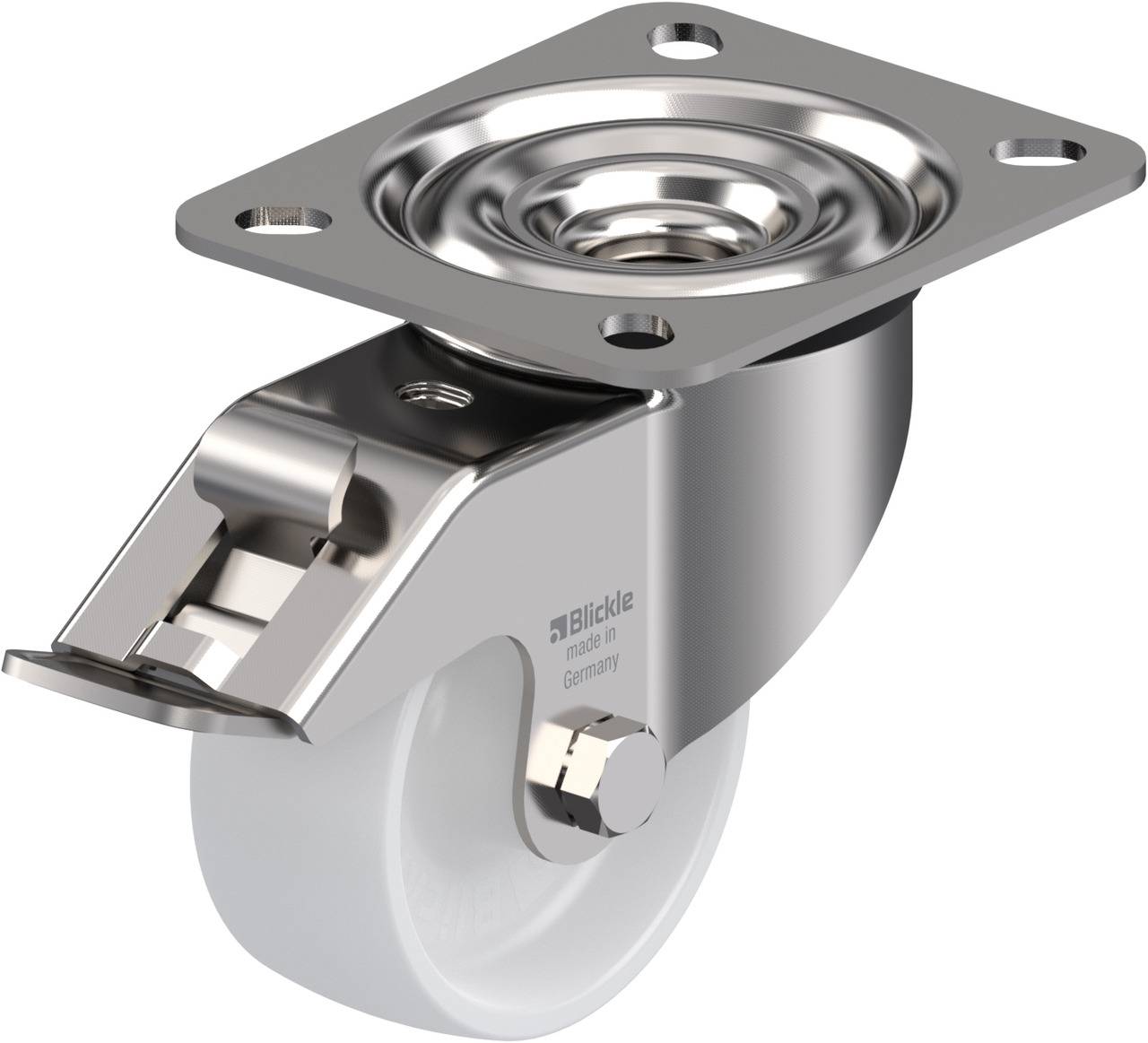 Ein weißes Rad mit einer silbernen Halterung und Befestigungsplatte, geeignet für Möbel oder Geräte, bietet Beweglichkeit.