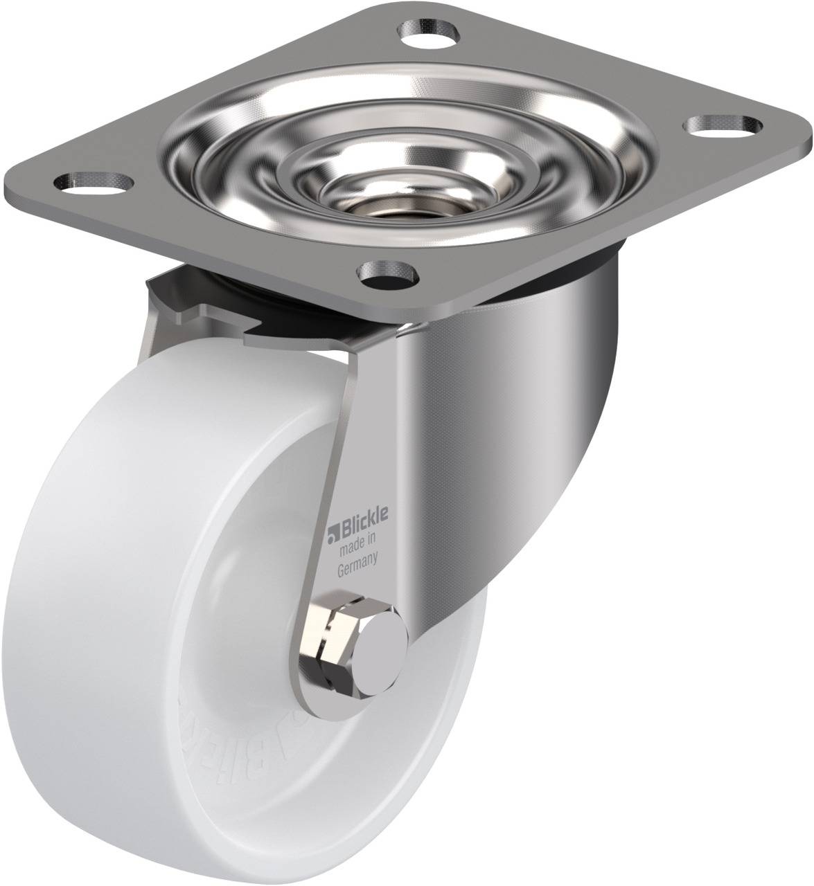 Ein silbernes Lenkrollengehäuse mit weißem Rad, montiert auf einer rechteckigen Platte, ideal für Beweglichkeit von Geräten.