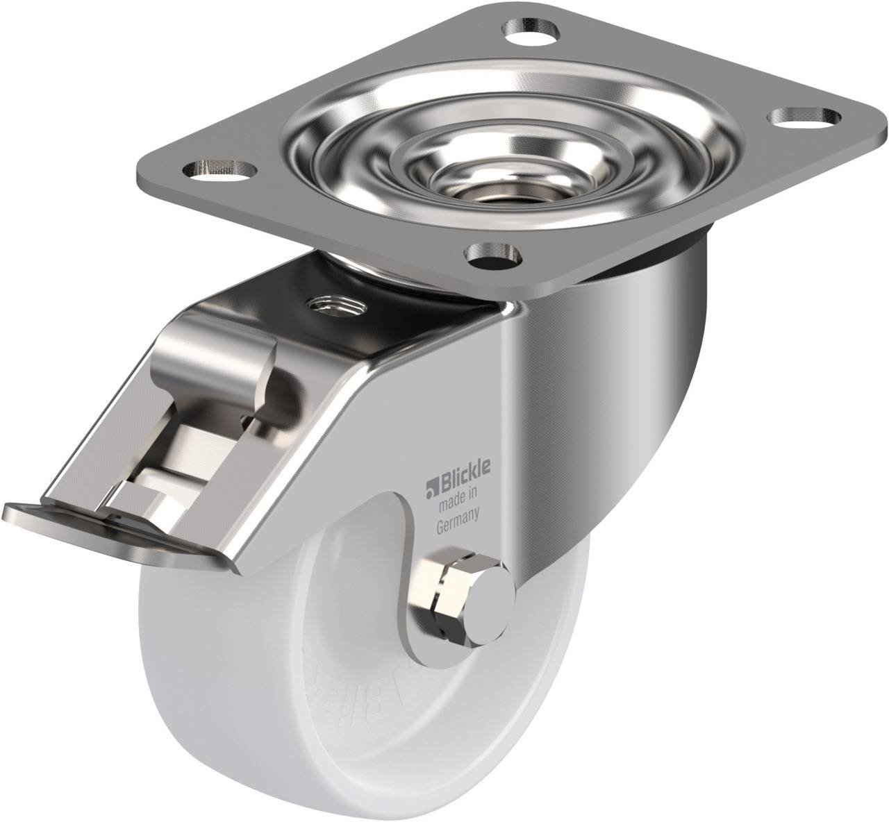 Die Abbildung zeigt eine drehbare Transportrolle aus Metall mit einem weißen Rad und einer Befestigungsplatte. Sie hat einen Bremsmechanismus.