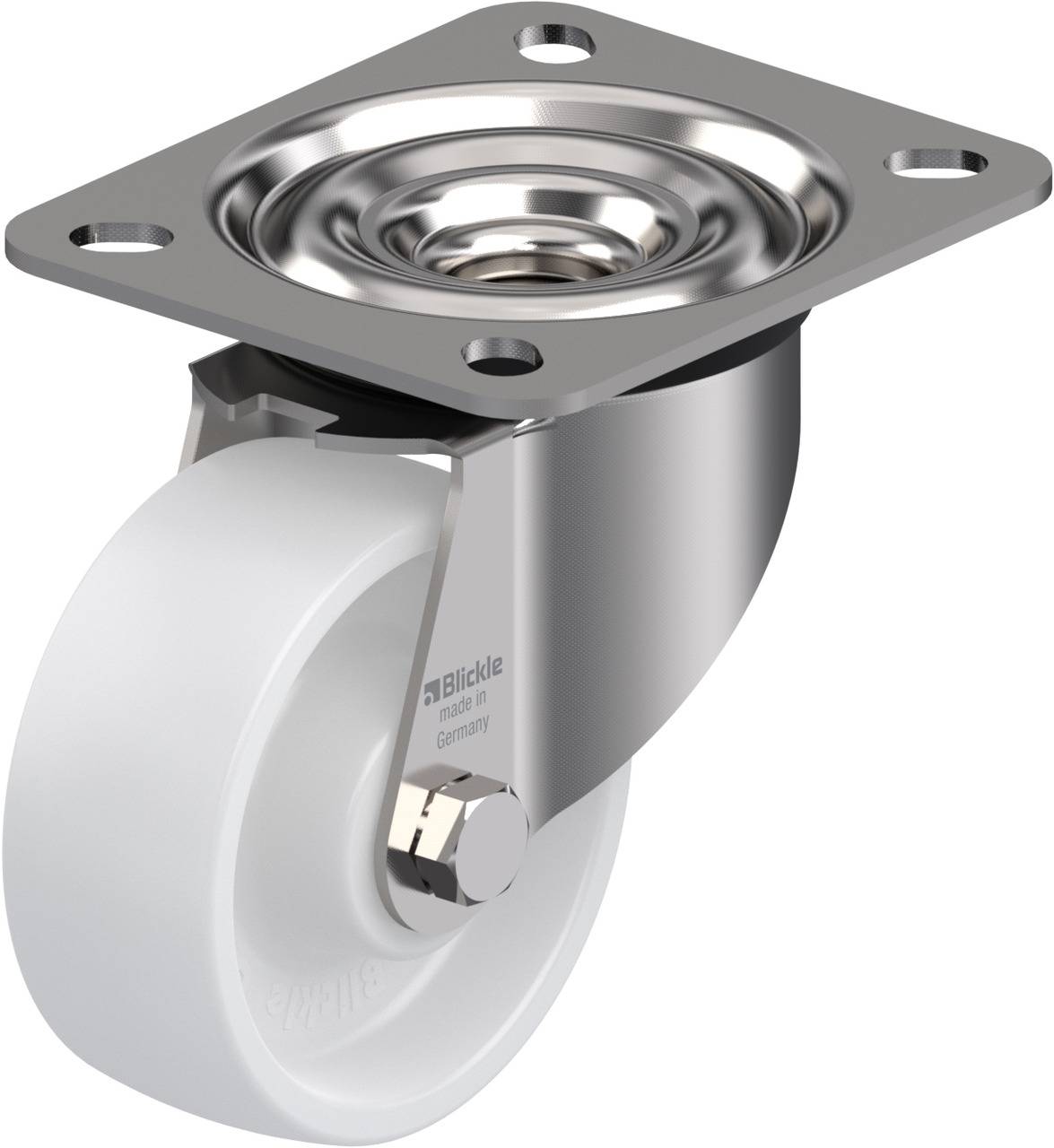 Schwenkrolle aus Metall mit weißem Kunststoffrad, geeignet für Möbel oder Transportgeräte. 360-Grad-Drehgelenk oben.