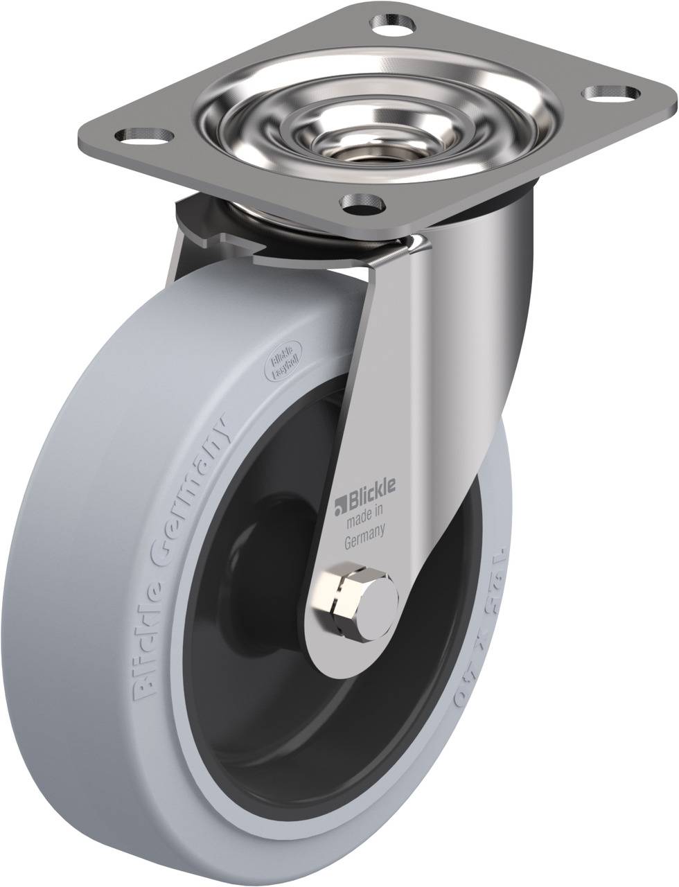 Schwenkrolle mit grauem Rad und Metallhalterung, geeignet für Industrieanwendungen; Aufschrift 'Blickle Germany'.
