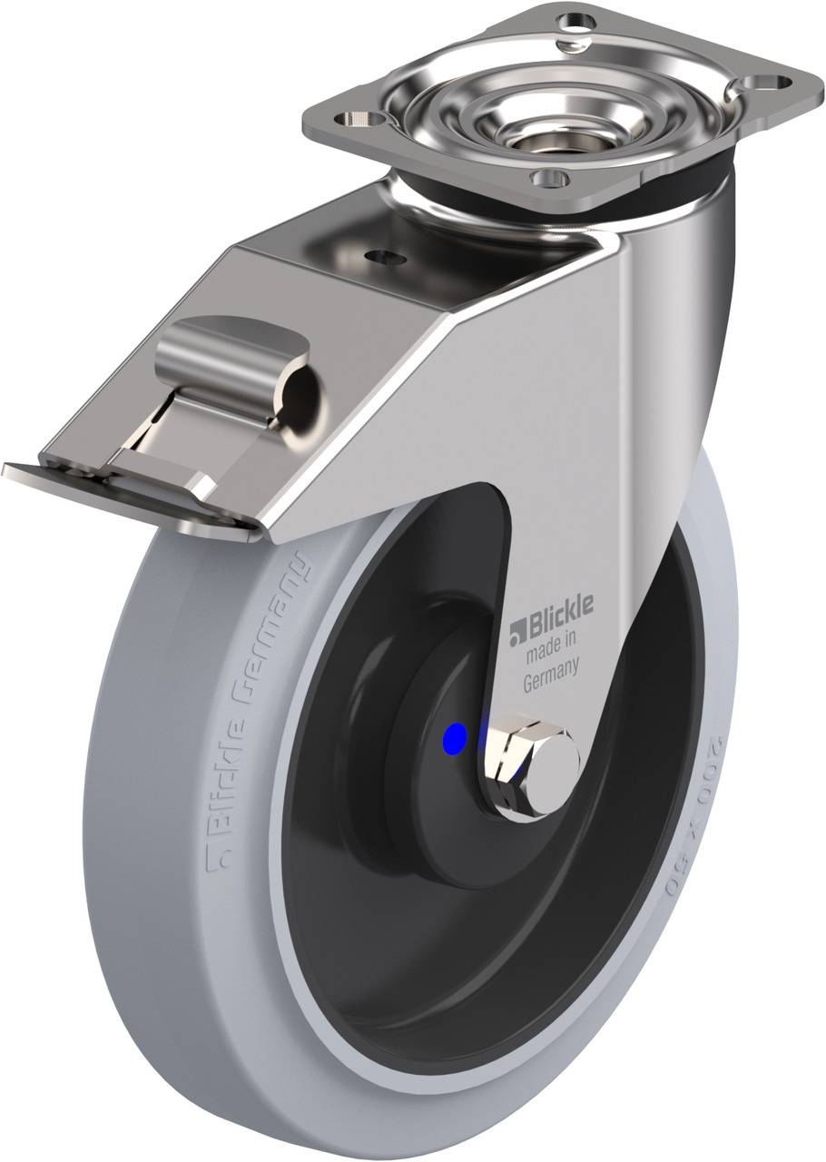 Industrie-Lenkrolle mit grauem Rad und silbernem Gehäuse, seitliche Bremse sichtbar. Hergestellt in Deutschland von Blickle.