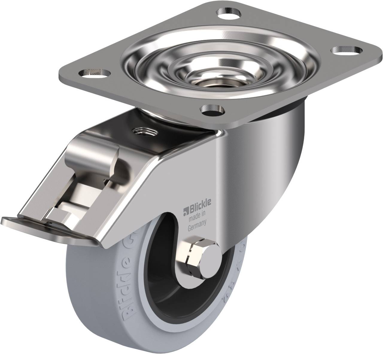 Metallrolle mit grauem Rad, Drehscheibe und Befestigungsplatte. Ideal für Möbel oder Transportgeräte.