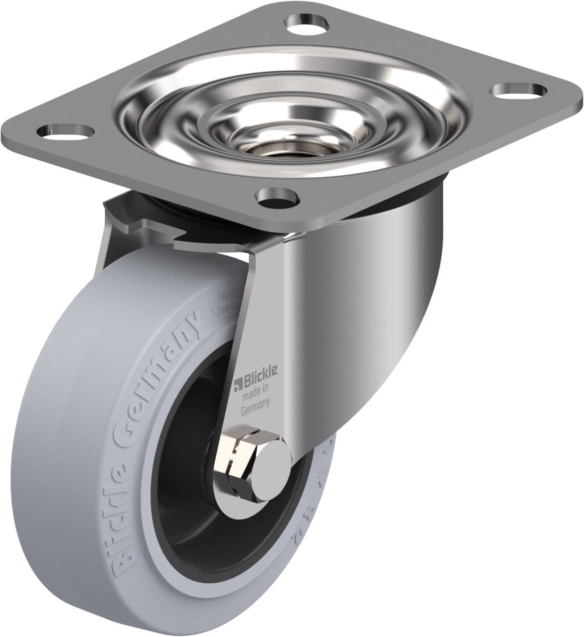 Graues Lenkrollenrad aus Metall und Kunststoff mit rechteckiger Montageplatte. Geeignet für Möbel oder Transportgeräte.