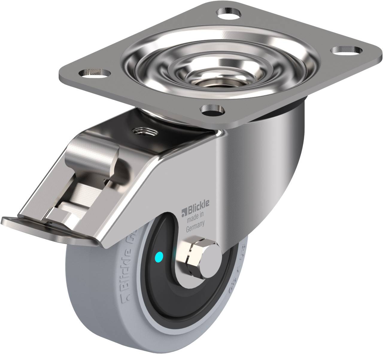 Industrie-Lenkrolle aus Metall mit grauem Rad und Feststeller, verwendet für Möbel oder Ausrüstung zum einfachen Bewegen.