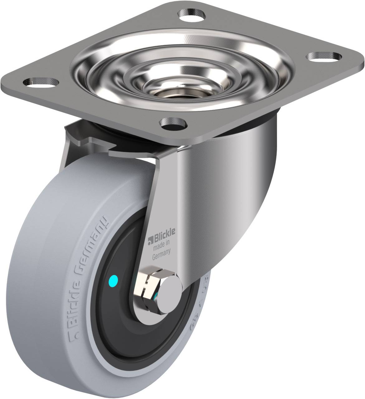 Graues Lenkrad mit Metallhalterung und Plattenbefestigung, geeignet für Möbel oder Maschinen, hergestellt in Deutschland.