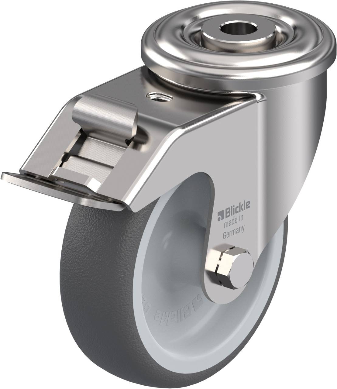 Metallisches Lenkrolle mit grauem Rad, geeignet für Möbel oder Transportgeräte. Aufdruck 'Blickle made in Germany'.