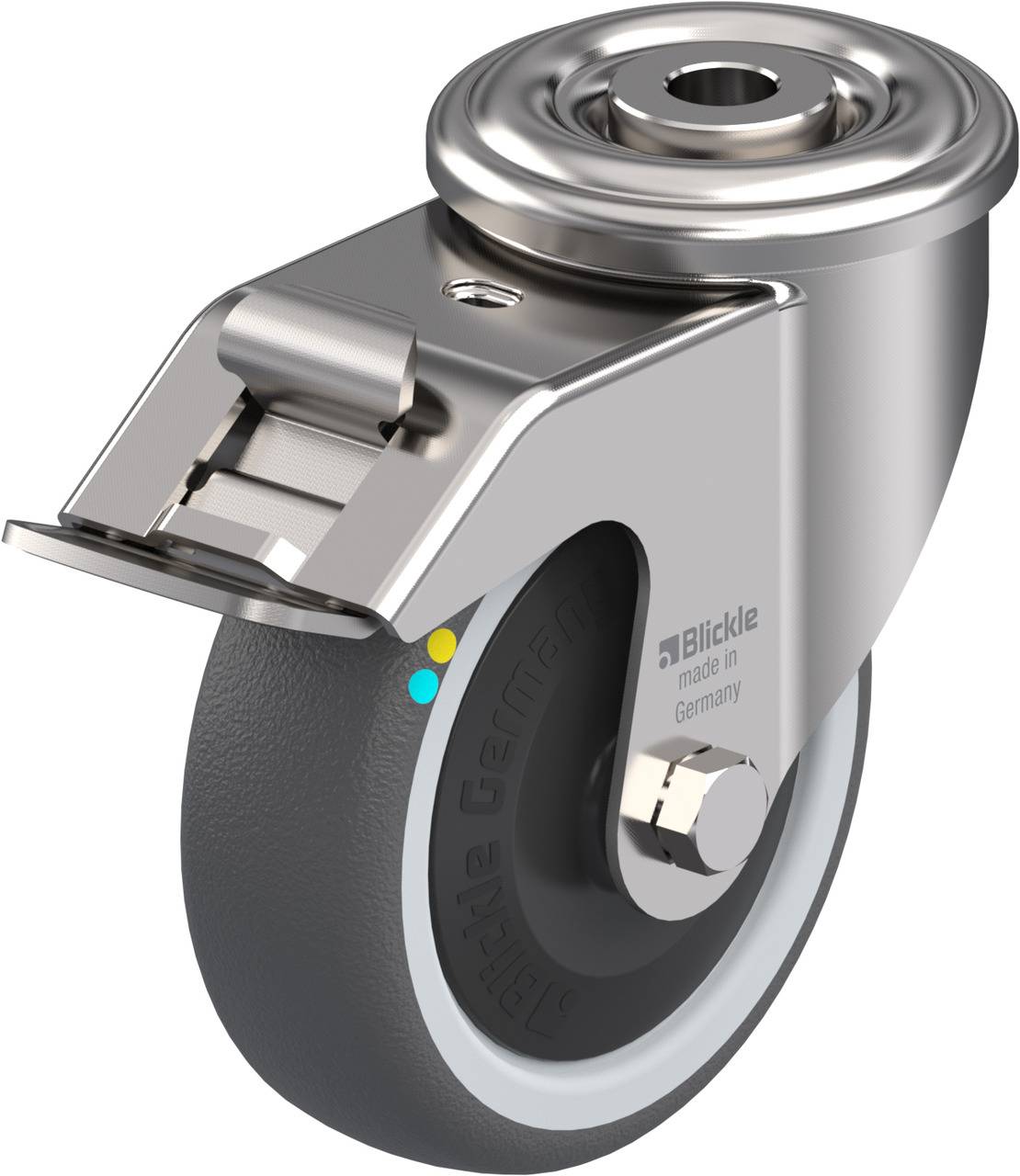 Rollenrad aus Metall mit Gummireifen und Aufhängung; Aufschrift 'Blickle made in Germany' sichtbar.