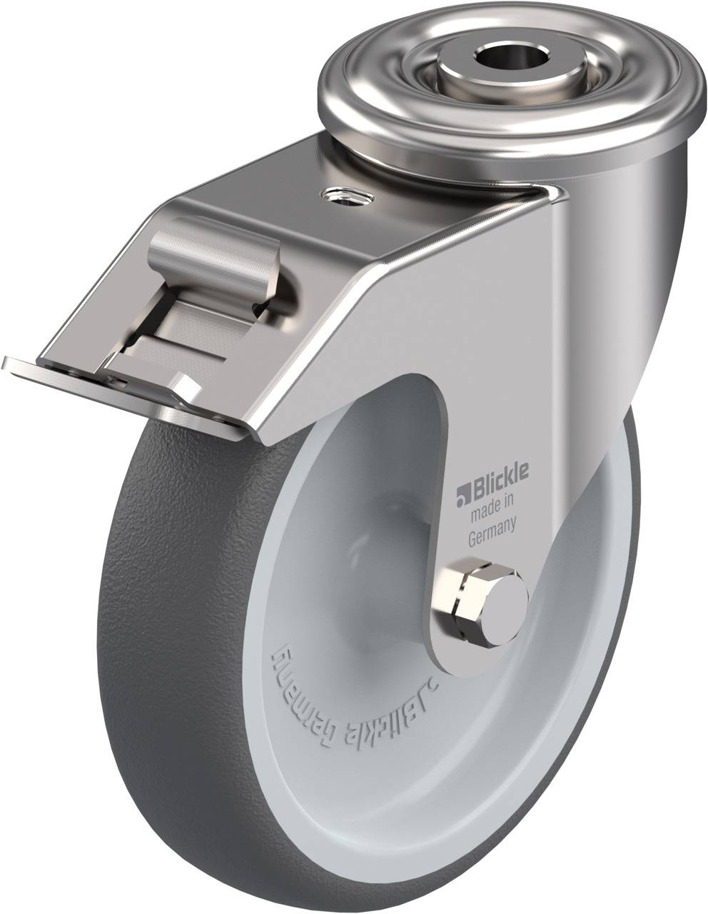 Einzelnes Schwerlast-Lenkrolle aus Metall mit grauem Gummirad und Bremse, geeignet für industrielle Anwendungen.