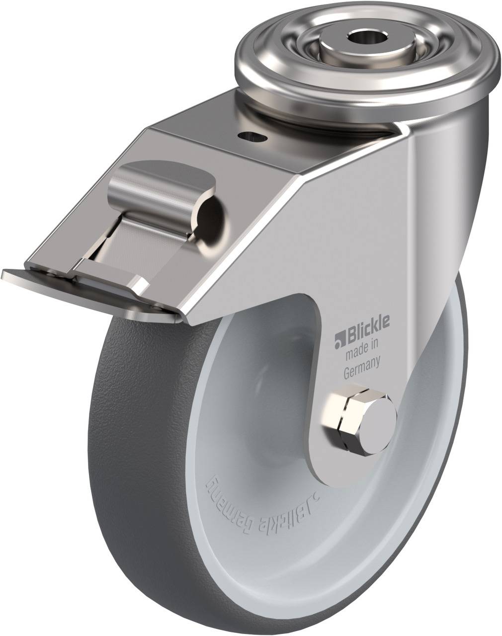 Metallenes Lenkrolle mit grauem Rad und Halterung. Herstellername 'Blickle' und 'made in Germany' auf der Halterung.