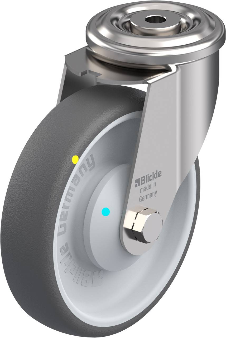 Industrie-Lenkrolle aus Metall mit grauem Rad und silbernem Gehäuse, beschriftet mit 'Blickle made in Germany'.