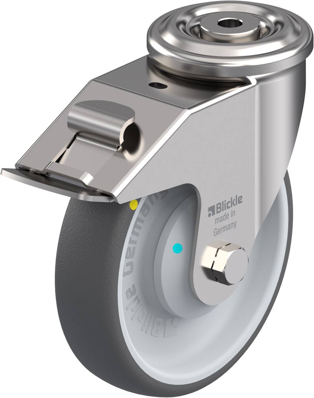 Metallrolle mit grauem Gummirad und Schwenkgelenk, geeignet für schwere Lasten. Aufschrift 'made in Germany' auf der Halterung.