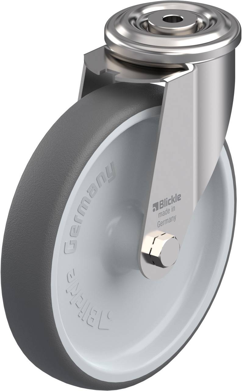 Rundes Metallgehäuse-Rad mit grauem Gummi, Beschriftung 'Blickle', hergestellt in Deutschland.