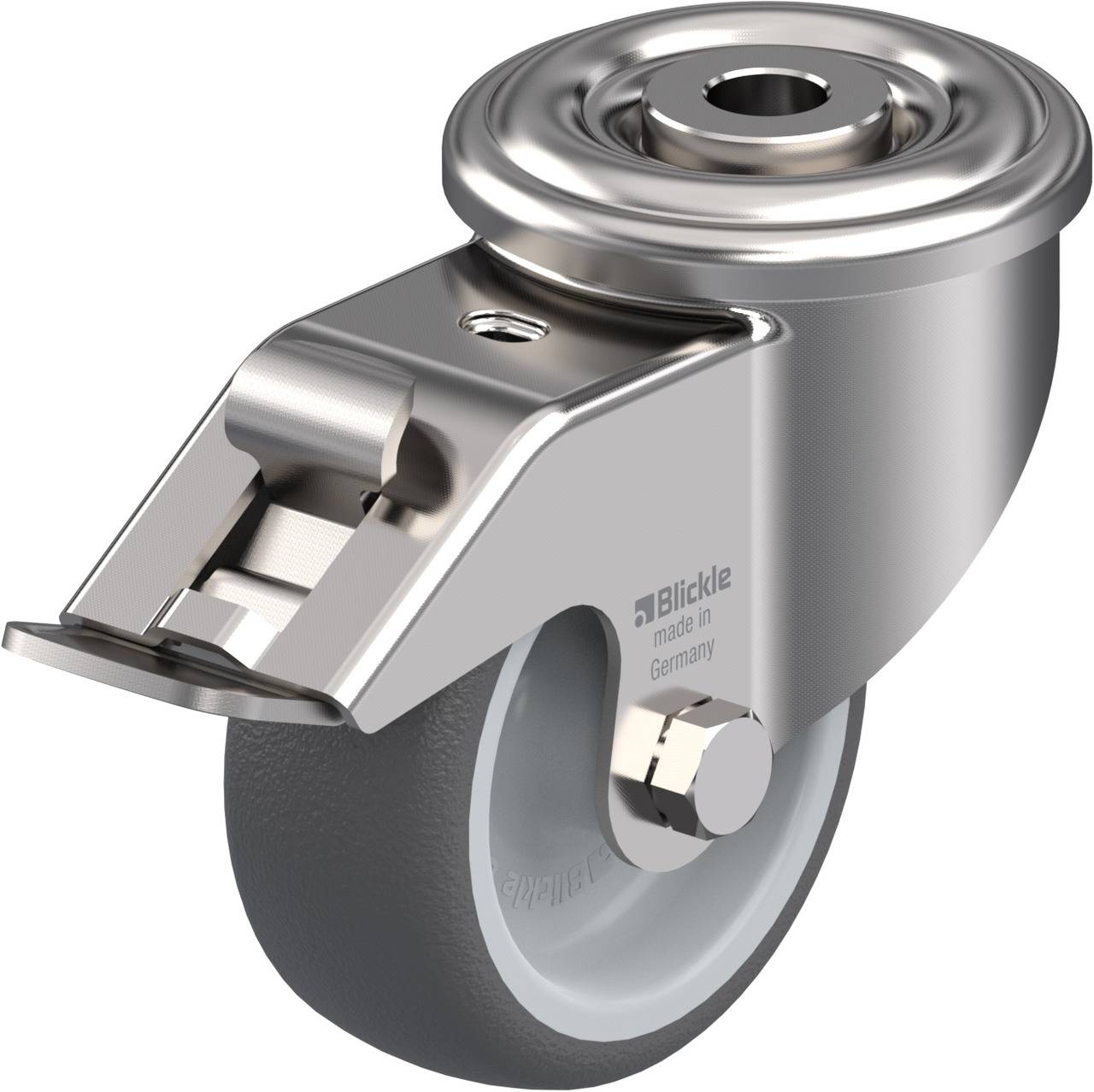 Schwenkrolle aus Metall mit grauem Kunststoffrad, geeignet für Transportwagen oder Möbel, markiert mit 'Blickle made in Germany'.