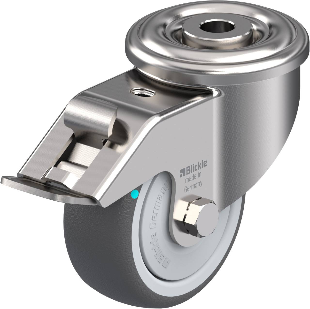 Metallenes Rad mit Halterung, Beschriftung 'Blickle made in Germany'. Wird bei Transportgeräten für einfache Bewegung verwendet.