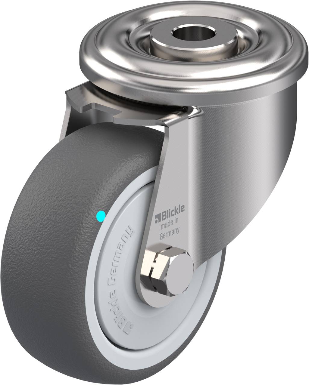 Graues und silbernes Lenkrolle-Rad mit stabilem Metallgehäuse, geeignet für industrielle Anwendungen. Markenlogo 'Blickle' erkennbar.