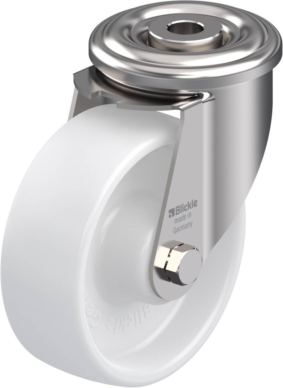 Industrie-Rolle mit Metallhalterung und weißem Rad, Logo und Aufschrift 'Blickle made in Germany' sichtbar.