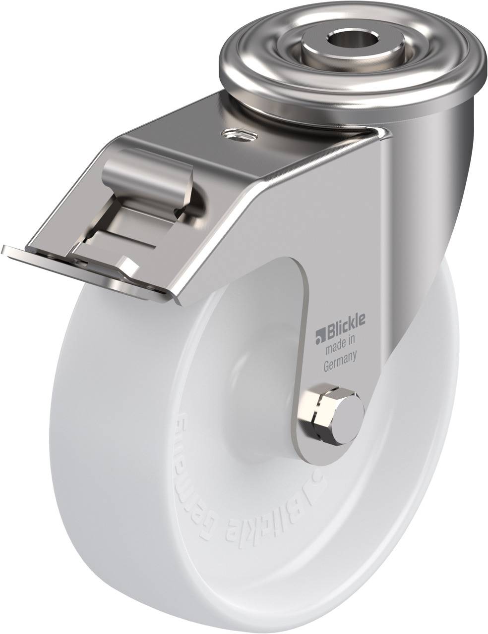Lenkrolle aus Edelstahl mit weißem Rad, geeignet für den Einsatz in lebensmittelverarbeitenden Betrieben. Marke und Herkunft: Deutschland.