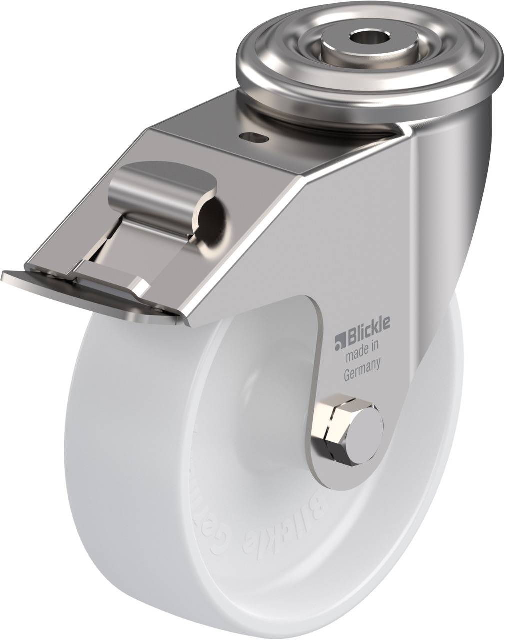 'Lenkrolle aus Edelstahl mit weißem Kunststoffrad und Befestigungsplatte. Aufschrift 'Blickle made in Germany'.'