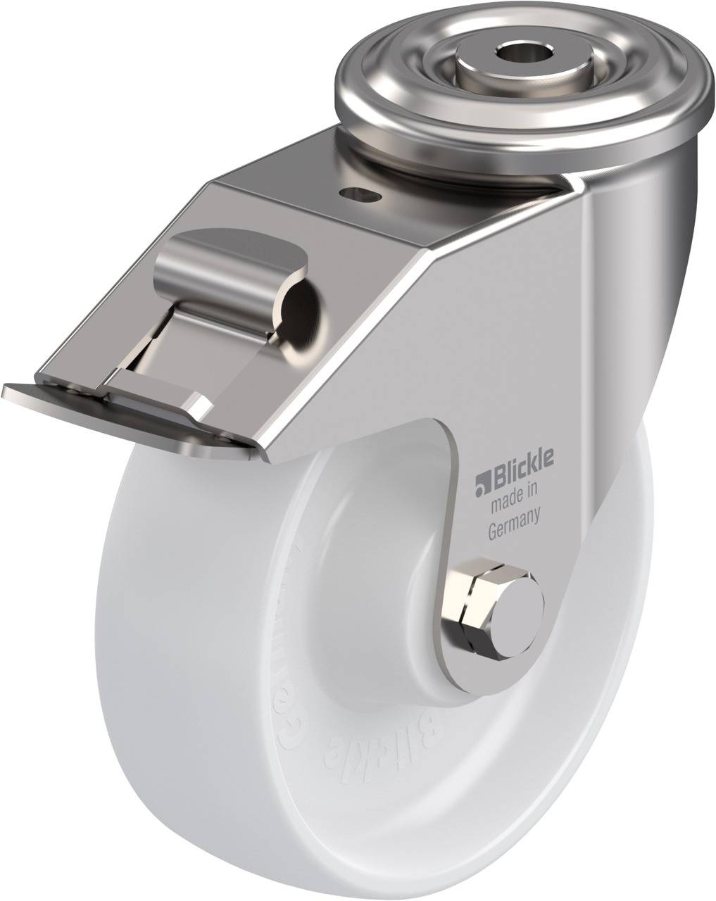Industrie-Lenkrolle mit grauem Rad und silbernem Gehäuse, 'Blickle' Aufschrift sichtbar. Geeignet für Möbel oder Gerätebewegung.