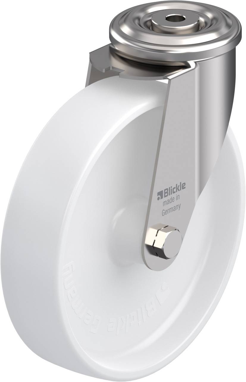 Ein weißes Rad aus Kunststoff mit einem silbernen Metallgehäuse. Aufschrift: 'Blickle made in Germany'. Mechanik für Drehbewegung oben.
