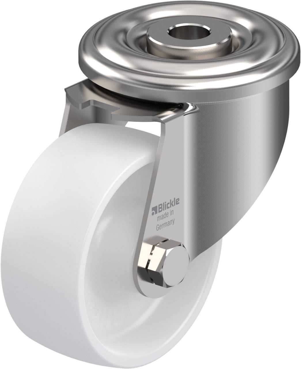 Metallrolle mit weißem Rad und Edelstahlgehäuse, geeignet für Transportwagen. Markiert mit 'Blickle, Made in Germany'.