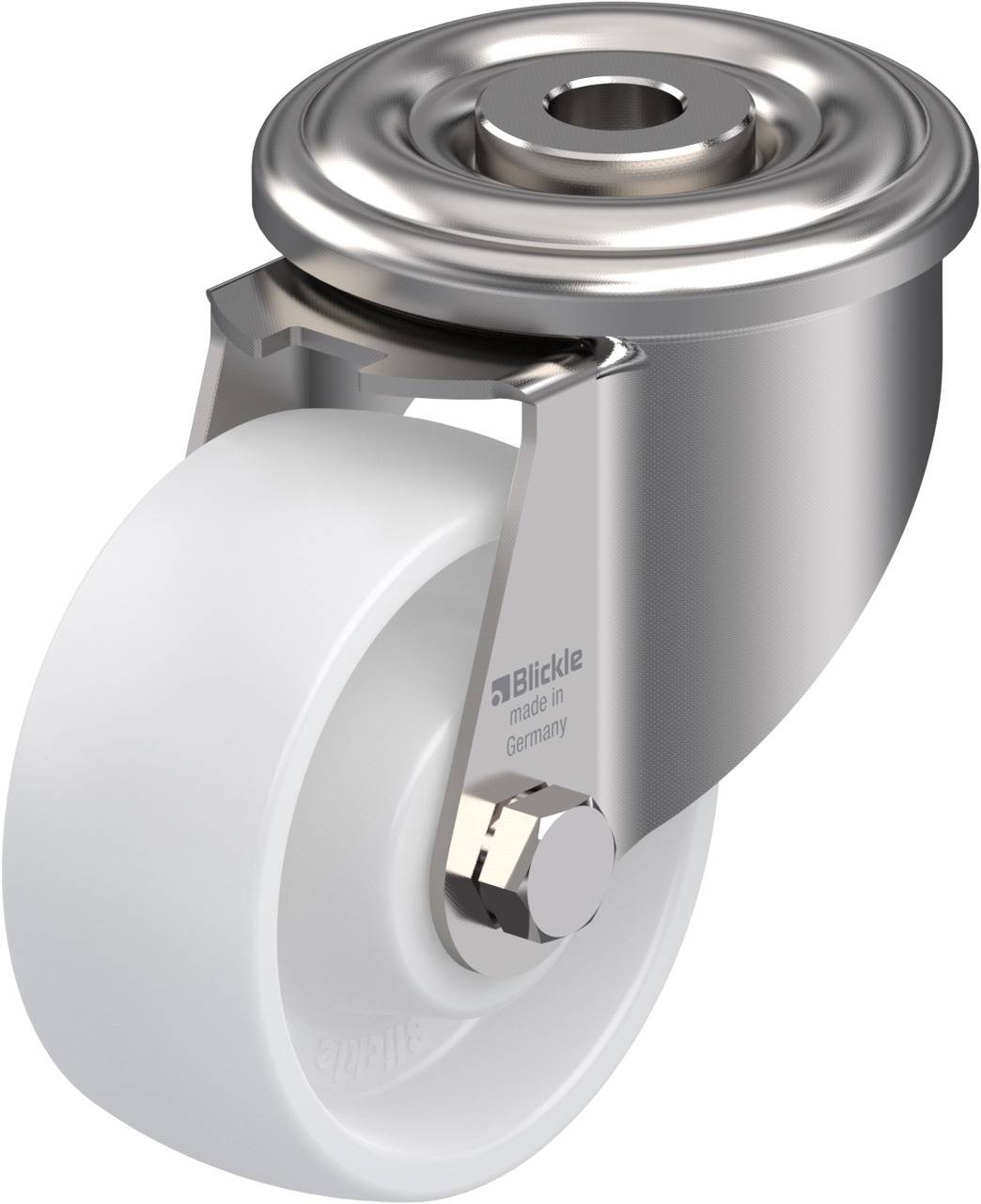Industrielles Rad mit weißem Kunststoffrad und silbernem Metallgehäuse, geeignet für Möbelfüße oder Transportgeräte.