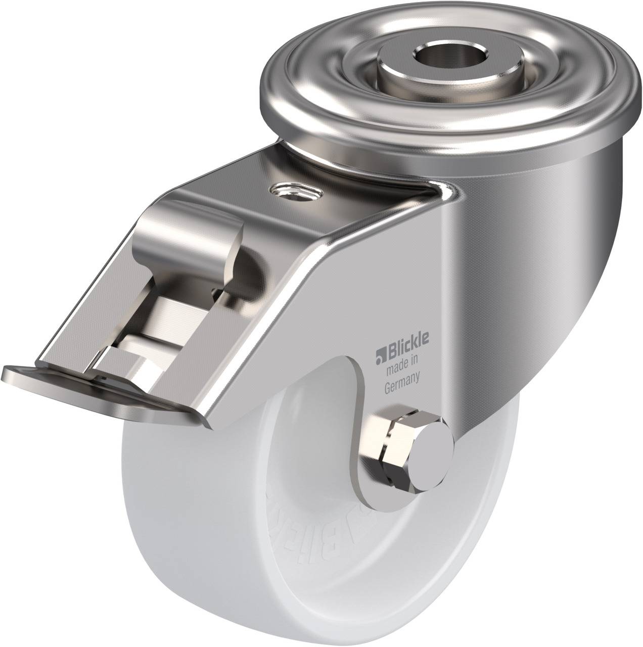 Stahlrolle mit grauem Kunststoffrad, für Schwerlastanwendungen. Markierung 'Blickle made in Germany', geeignet für industrielle Nutzung.